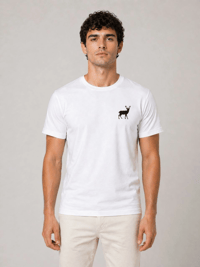 Erkek Minimal Geyik Logolu Tişört Bisiklet Yaka Kısa kol Yazlık T-Shirt - Beyaz
