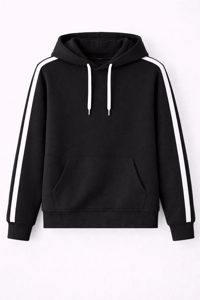 Erkek Şeritli Kapüşonlu Sweatshirt Oversize 3 iplik Pamuklu Hoodei - Siyah