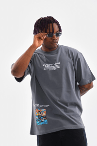 Erkek Tişort  Bisiklet Yaka Baskılı Oversize T-Shirt - Gri