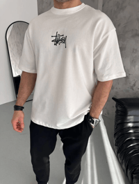 Erkek Tişört Bisiklet Yaka Baskılı Oversize Kısa kol T-Shirt - Beyaz