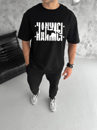 Erkek Tişört Kısa Kol Bisiklet Yaka Katlanan HANIMCI Baskılı T-Shirt - Siyah