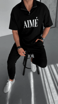 ERKEK Tişört Yakalı Yarım Fermuarlı  Kısa Kol Baskılı T-Shirt - Siyah