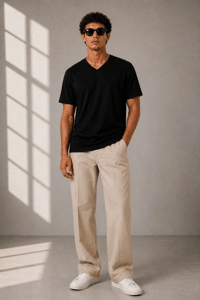 Erkek V Yaka Basic Tişört Kısa Kol Yazlık Regular Fit T-Shirt - Siyah