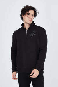Erkek Yarım Fermuarlı Baskılı 3  iplik pamuklu sweatshirt - Siyah