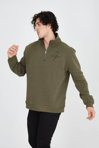 Erkek Yarım Fermuarlı Baskılı 3 iplik pamuklu sweatshirt - Yeşil