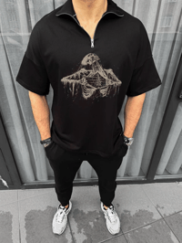 Erkek Yarım Fermuarlı Baskılı Oversize T-Shirt - Siyah