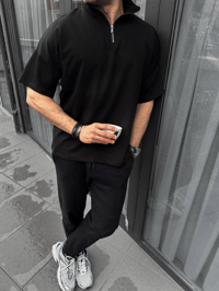 Erkek Yarım Fermuarlı Kısa kol T-Shirt - Siyah