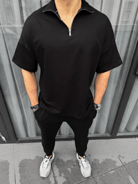 Erkek Yarım Fermuarlı Kısa kol T-Shirt - Siyah