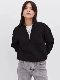 Kadın 3 İplik Pamuklu Oversize Yarım Fermuarlı Yakalı Basic Sweatshirt - Siyah