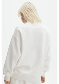 Kadın 3 İplik Pamuklu Oversize Yarım Fermuarlı Yakalı Basic Sweatshirt - Beyaz