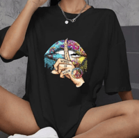 Kadın Baskılı T-Shirt Kısa Kol Bisiklet Yaka Oversize Rahat Kalıp Günlük Tişört   - Siyah