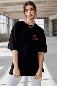 Kadın Baskılı T-Shirt Kısa Kol Bisiklet Yaka Oversize Rahat Kalıp Tişört - Siyah