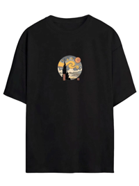 Kadın Baskılı T-Shirt Kısa Kol Bisiklet Yaka Oversize Rahat Kalıp Tişört - Siyah