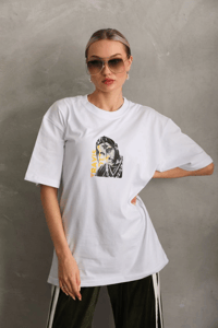 Kadın Baskılı T-Shirt Kısa Kol Bisiklet Yaka Oversize Rahat Kalıp Günlük Tişört - Beyaz