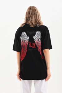 Kadın Baskılı Tişört Kısa Kol Bisiklet Yaka Oversize T-Shirt - Siyah