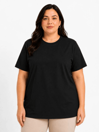Kadın Battal Big Size Basic Tişört Bisiklet Yaka Rahat Kalıp T-Shirt - Siyah