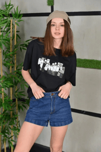 Kadın Bisiklet Yaka Baskılı  Kısa kol Oversize T-Shirt - Siyah