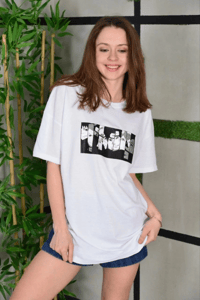 Kadın Bisiklet Yaka Baskılı  Kısa kol Oversize T-Shirt - Beyaz