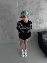 Kadın Bisiklet Yaka Baskılı  Kısa kol Oversize T-Shirt - Siyah