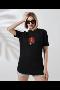 Kadın Bisiklet Yaka Baskılı  kısa kol T-Shirt - Siyah