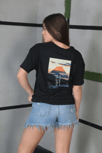 Kadın Bisiklet Yaka Baskılı Kısa kol Oversize T-Shirt - Siyah