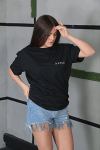 Kadın Bisiklet Yaka Baskılı Kısa kol Oversize T-Shirt - Siyah