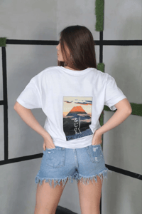 Kadın Bisiklet Yaka Baskılı Kısa kol Oversize T-Shirt- Beyaz