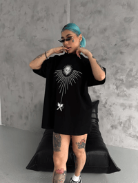 kadın Bisiklet Yaka Baskılı Oversize  Kısa kol T-Shirt - Siyah