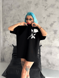 kadın Bisiklet Yaka Baskılı Oversize  Kısa kol T-Shirt - Siyah