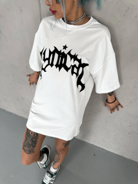 kadın Bisiklet Yaka Baskılı Oversize  Kısa kol T-Shirt - Beyaz