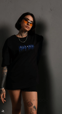 kadın Bisiklet Yaka Baskılı Oversize  Kısa kol T-Shirt - Siyah