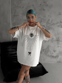 kadın Bisiklet Yaka Baskılı Oversize  Kısa kol T-Shirt - Beyaz