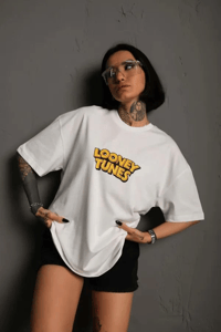 kadın Bisiklet Yaka Baskılı Oversize Kısa kol  T-Shirt - Beyaz