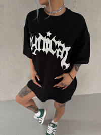 kadın Bisiklet Yaka Baskılı Oversize Kısa kol  T-Shirt - Siyah