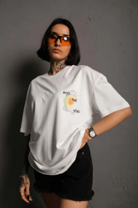 kadın Bisiklet Yaka Baskılı Oversize Kısa kol T-Shirt - Beyaz