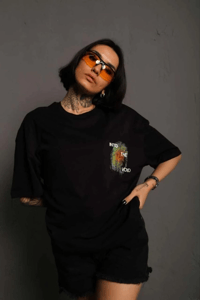 kadın Bisiklet Yaka Baskılı Oversize Kısa kol T-Shirt - Siyah