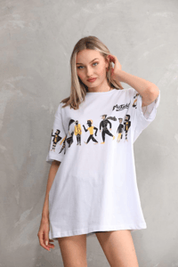 kadın Bisiklet Yaka Baskılı Oversize T-Shirt - Beyaz