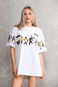 kadın Bisiklet Yaka Baskılı Oversize T-Shirt - Beyaz