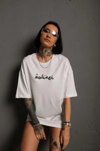 Kadın Bisiklet Yakalı Sırt Baskılı  Kısa kol Oversize T-Shirt - Beyaz