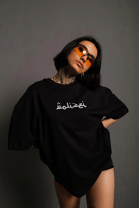 Kadın Bisiklet Yakalı Sırt Baskılı Oversize Kısa kol T-Shirt - Siyah
