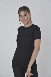 Kadın File Cepli T-Shirt Kısa Kol Bisiklet Yaka Slimfit Tişört  - Siyah