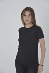 Kadın Gögüs Fileli T-Shirt Kısa Kol Bisiklet Yaka Slimfit Tişört   - Siyah