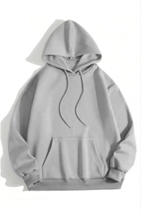 Kadın Kapüşonlu Kanguru Cepli 3 İplik Pamuklu Düz Hoodie Sweatshirt - Gri