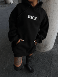Kadın Kapüşonlu Kanguru Cepli Sweatshirt 3 İplik Pamuklu Baskılı Hoodie - Siyah