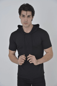 Kadın Kapüşonlu T-Shirt Kısa Kol Bisiklet Yaka Slimfit Tişört    - Siyah