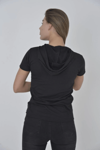 Kadın Kapüşonlu T-Shirt Kısa Kol Bisiklet Yaka Slimfit Tişört   - Siyah