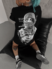 Kadın Kısa Kol Tişört Bisiklet Yaka Filistin Poşülü Baskılı T-Shirt - Siyah