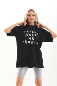 Kadın Kısa Kol Yazlık Tişört Bisiklet Yaka Baskılı Oversize T-Shirt - Siyah