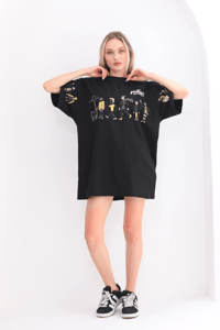 Kadın Kısa Kol Yazlık Tişört Bisiklet Yaka Baskılı Oversize T-Shirt - Siyah