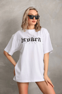 Kadın Kısa Kol Yazlık Tişört Bisiklet Yaka Baskılı Oversize T-Shirt - Beyaz